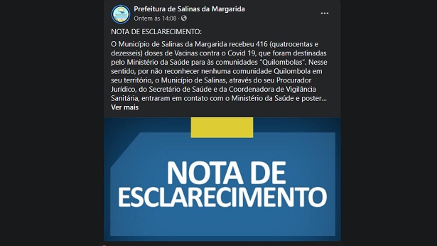 Salinas da Margarida: Defensorias pedem retirada de post da prefeitura sobre quilombolas - salinas-da-margarida, destaque