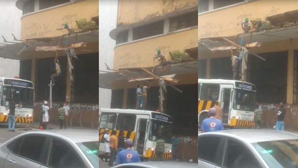 Operários ficam pendurados por cinto de proteção em obra em Salvador - salvador, transito