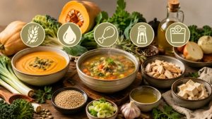 Sopa saudável com legumes no inverno sendo servida em tigela