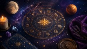 Ilustração de um círculo do zodíaco com símbolos dos signos sobre um fundo estrelado, representando o horóscopo de julho de 2026.
