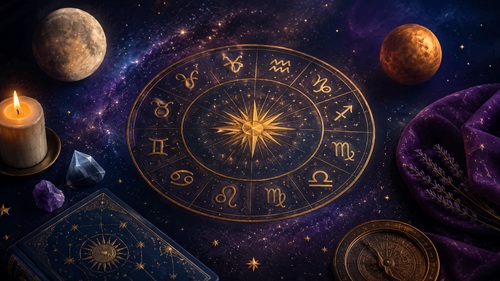 Ilustração de um círculo do zodíaco com símbolos dos signos sobre um fundo estrelado, representando o horóscopo de julho de 2026.