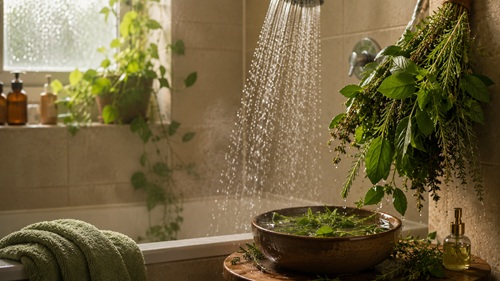 Banheiro com chuveiro, ervas frescas penduradas e recipiente com infusão de plantas preparado para um banho de ervas relaxante.
