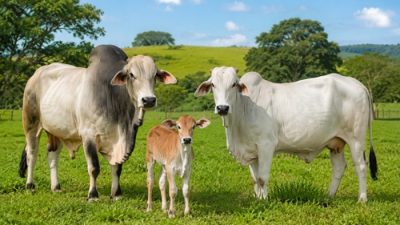 Boi, bezerro e vaca pastando em área rural com vegetação verde