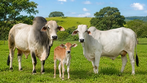 Boi, bezerro e vaca pastando em área rural com vegetação verde