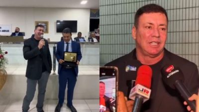 Ditinho da AviVip ao lado do vereador Jeir Santana e durante entrevista coletiva após receber Título de Cidadão Lajista em Laje