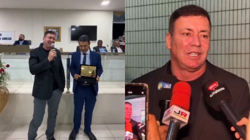 Ditinho da AviVip ao lado do vereador Jeir Santana e durante entrevista coletiva após receber Título de Cidadão Lajista em Laje