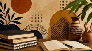 Livros empilhados com flores sobre a capa, em composição artística