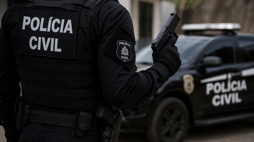 Concurso Polícia Civil Bahia ilustrado por policial ao lado de viatura