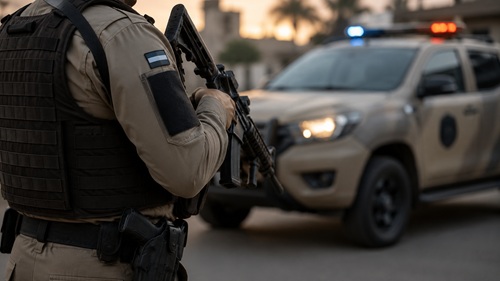 Policial militar próximo a viatura durante operação de segurança pública
