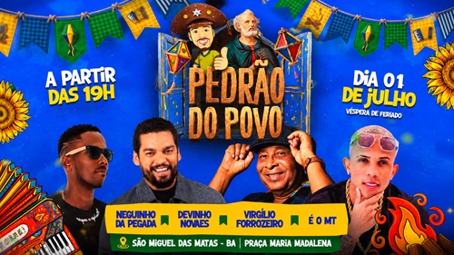 Robert De Alemão promove festa de São Pedro em São Miguel das Matas com shows de Devinho Novaes, Neguinho da Pegada, Virgílio Forrozeiro e É o MT.