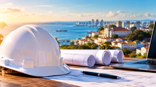 Capacete de engenharia, projetos arquitetônicos e plantas sobre uma mesa com vista para a cidade.