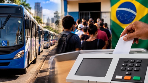Ônibus urbanos e eleitores durante o segundo turno das eleições presidenciais de 2026 no Brasil.