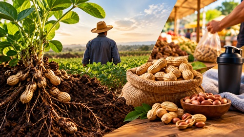 Plantação e colheita de amendoim, com destaque para o cultivo e o desenvolvimento das plantas.