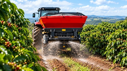 Trator aplica corretivos e fertilizantes entre as fileiras de uma lavoura de café.