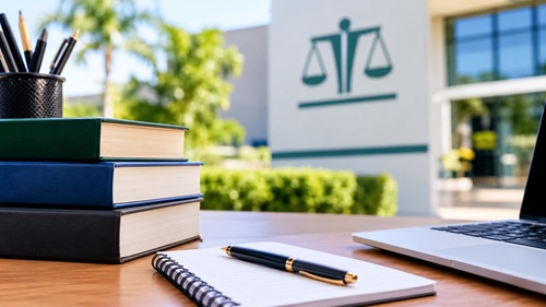 Livros, caderno e computador em mesa de estudos diante de prédio institucional ligado à Justiça.