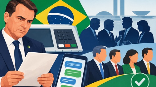 Ilustração gerada por IA mostra políticos conversando, uma carta e uma urna eletrônica em referência à defesa do resultado das eleições.