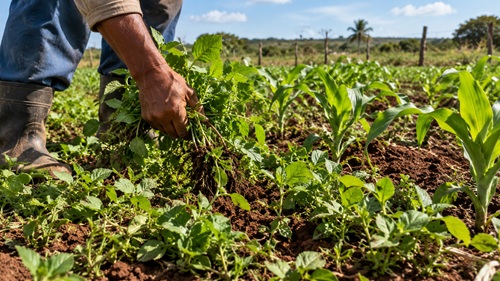 Agricultor remove plantas daninhas entre culturas em uma lavoura no interior da Bahia.