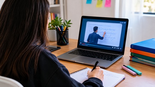 Estudante assiste a aula on-line e faz anotações em casa para se preparar para o Enem.