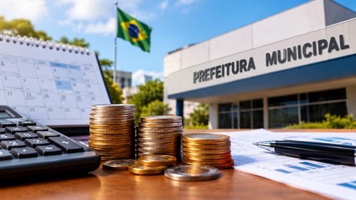 Moedas, calculadora e documentos financeiros em frente a um prédio de prefeitura, representando o impacto da redução da jornada de trabalho nas contas municipais.