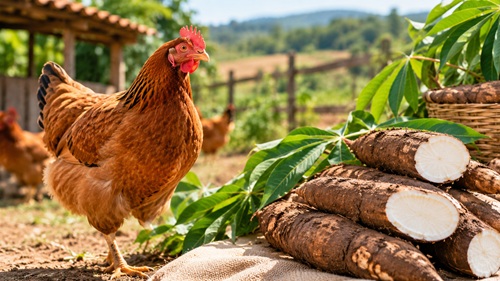 Galinha caipira e raízes de mandioca em propriedade rural.