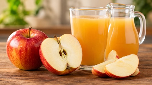 Maçã inteira e cortada com casca ao lado de um copo de suco de maçã.