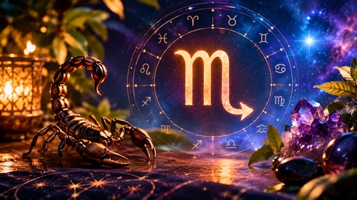 Símbolo do signo de Escorpião em uma composição astrológica com escorpião, constelações e cristais.