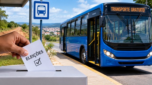 Ônibus de transporte público em ponto de parada representa o transporte gratuito de eleitores nas eleições em Vitória da Conquista, Bahia.