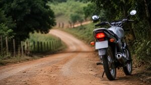 Motocicleta em estrada vicinal na zona rural, ilustrando assalto registrado em Mutuípe.