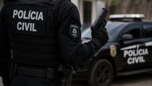 Concurso Polícia Civil Bahia ilustrado por policial ao lado de viatura