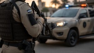 Policial militar próximo a viatura durante operação de segurança pública
