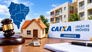 Leilão de imóveis da Caixa no Nordeste, com casa, martelo de leilão e edifício residencial.