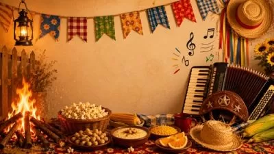 Decoração típica de São João com fogueira, bandeirolas, sanfona, milho e comidas juninas, representando as tradições do São João de outrora.
