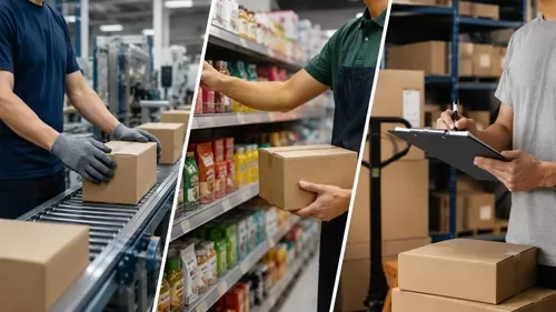 Trabalhadores realizando reposição de produtos em loja