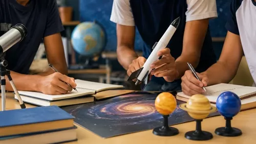 Objetos de astronomia, foguete e medalhas representam a conquista de estudantes do CETEP do Recôncavo na Olimpíada Brasileira de Astronomia e Astronáutica.