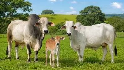 Boi, bezerro e vaca pastando em área rural com vegetação verde