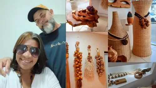 Carmem Sabin e Neto ao lado de peças artesanais da SABIN.ARTES, de Santo Antônio de Jesus, que serão apresentadas na Fenearte 2026.