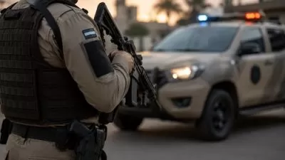 Policial militar próximo a viatura durante operação de segurança pública