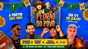 Robert De Alemão promove festa de São Pedro em São Miguel das Matas com shows de Devinho Novaes, Neguinho da Pegada, Virgílio Forrozeiro e É o MT.