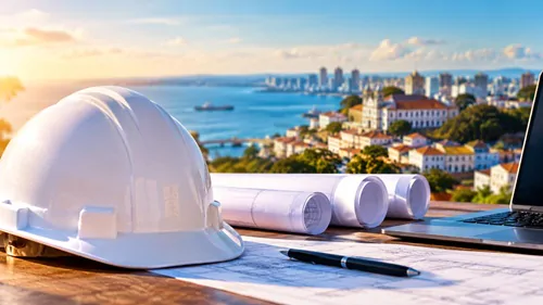 Capacete de engenharia, projetos arquitetônicos e plantas sobre uma mesa com vista para a cidade.
