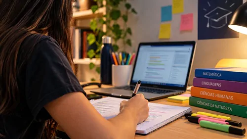 Jovem estudando e fazendo anotações em um caderno, com livros e computador sobre a mesa, sem mostrar o rosto.