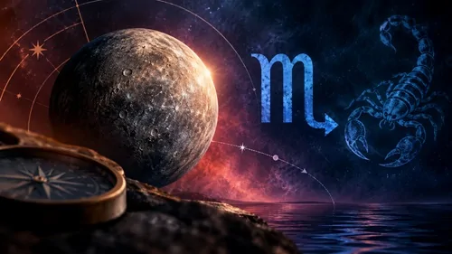 Ilustração de Mercúrio retrógrado em Escorpião com planeta, símbolo astrológico e céu estrelado.