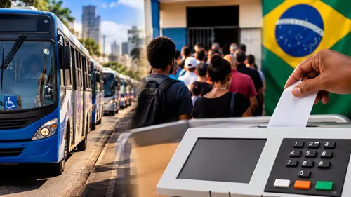 Ônibus urbanos e eleitores durante o segundo turno das eleições presidenciais de 2026 no Brasil.