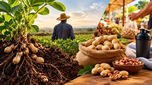 Plantação e colheita de amendoim, com destaque para o cultivo e o desenvolvimento das plantas.