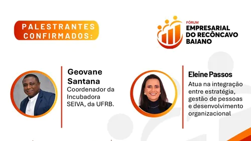 Palestrantes Geovane Santana e Eleine Passos confirmados no Fórum Empresarial do Recôncavo Baiano, em Santo Antônio de Jesus.