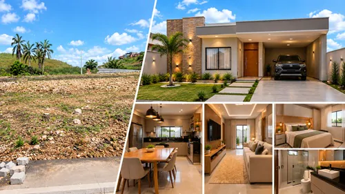 Terreno em Cruz das Almas e simulação de casa térrea moderna com ambientes e móveis planejados.