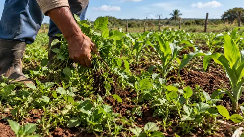 Agricultor remove plantas daninhas entre culturas em uma lavoura no interior da Bahia.