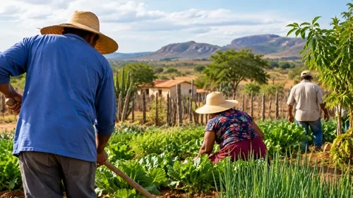 Famílias agricultoras trabalham no cultivo de hortaliças em comunidade rural do semiárido baiano.