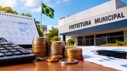 Moedas, calculadora e documentos financeiros em frente a um prédio de prefeitura, representando o impacto da redução da jornada de trabalho nas contas municipais.