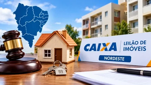 Leilão de imóveis da Caixa no Nordeste, com casa, martelo de leilão e edifício residencial.