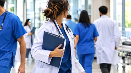 Médicos em estágio durante atividades em corredor hospitalar